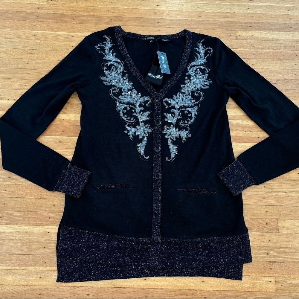 Miss Me black embroidered sequin cardigan sweater NWT